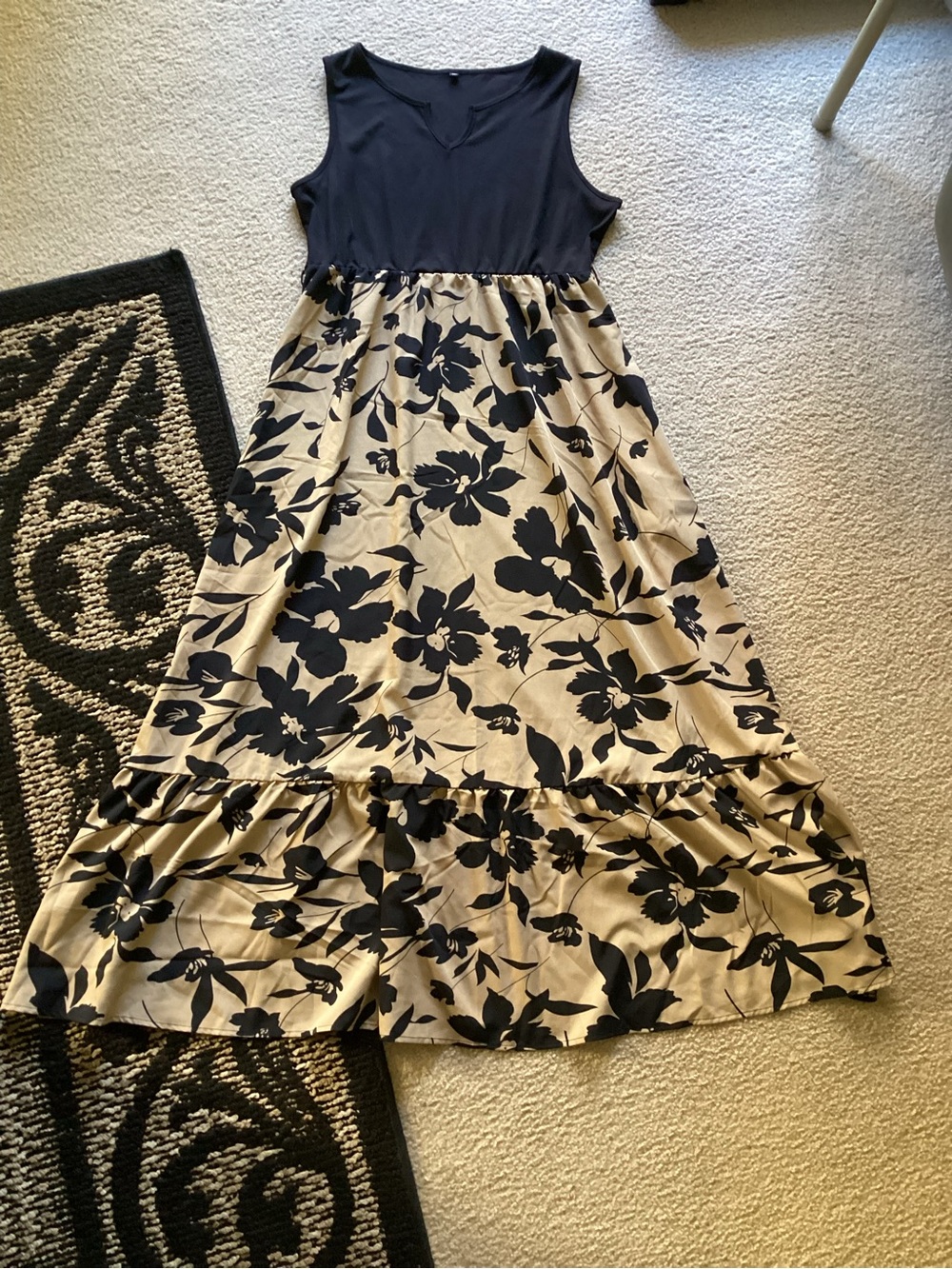 Sleeveless Black and Tan Floral Maxi Summer Dress